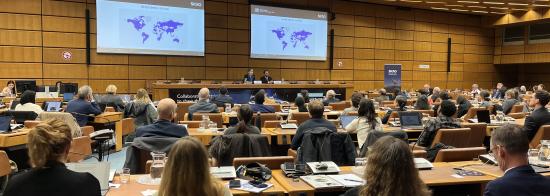 Picture of UNOOSA/SKAO meeting with two speakers sitting on stage and the audience sitting in a half-circular room.