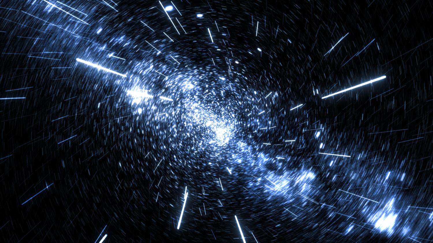 Image depicting the expansion of the Universe, with a mass of white stars across the centre of the image, and star trails towards the outside, giving the impression of travelling at speed.