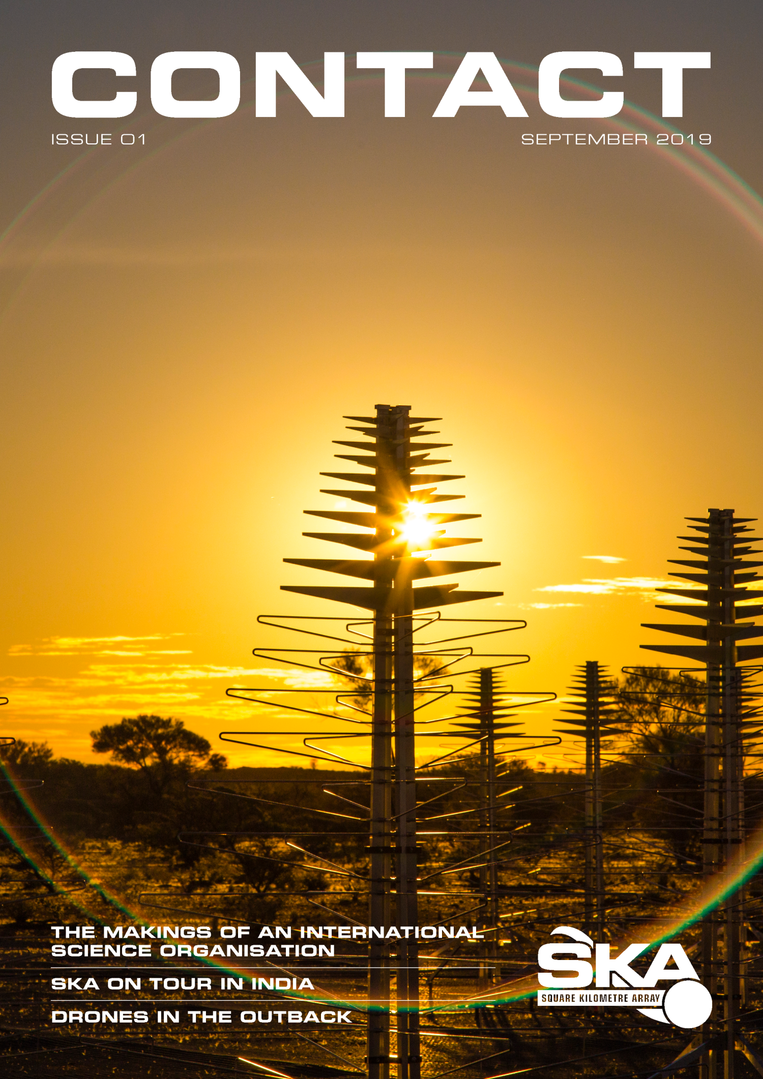 Cover for Contact issue 1 showing a prototype SKA-Low antenna with the sun behind it