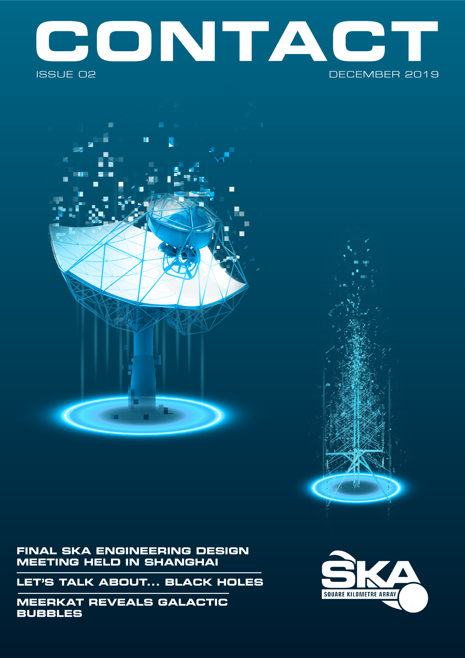 Cover for Contact issue 2 showing digital renderings of an SKA dish and SKA antenna being formed