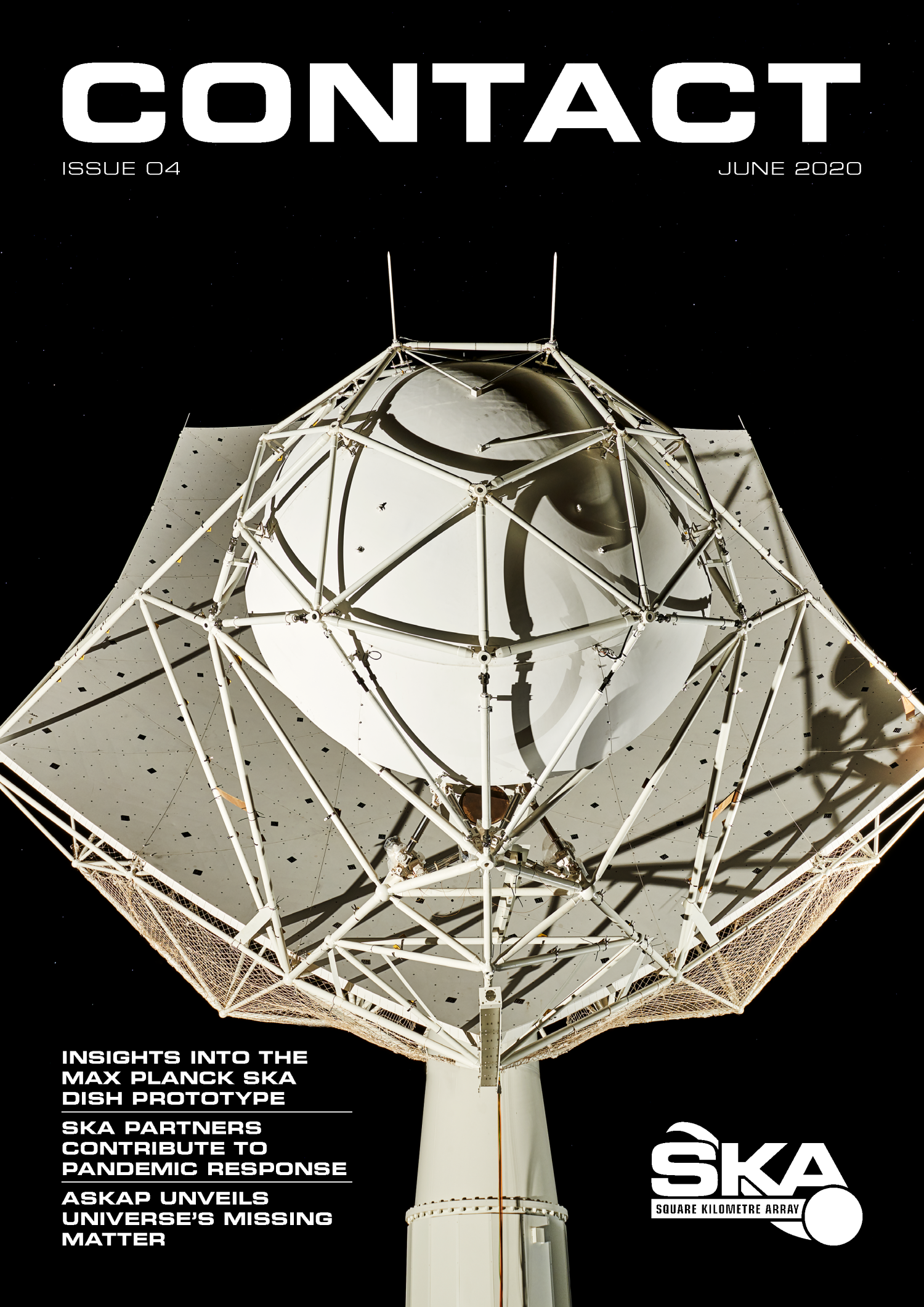 Cover for Contact issue 4 showing the prototype SKA dish on site in South Africa, with the night sky behind