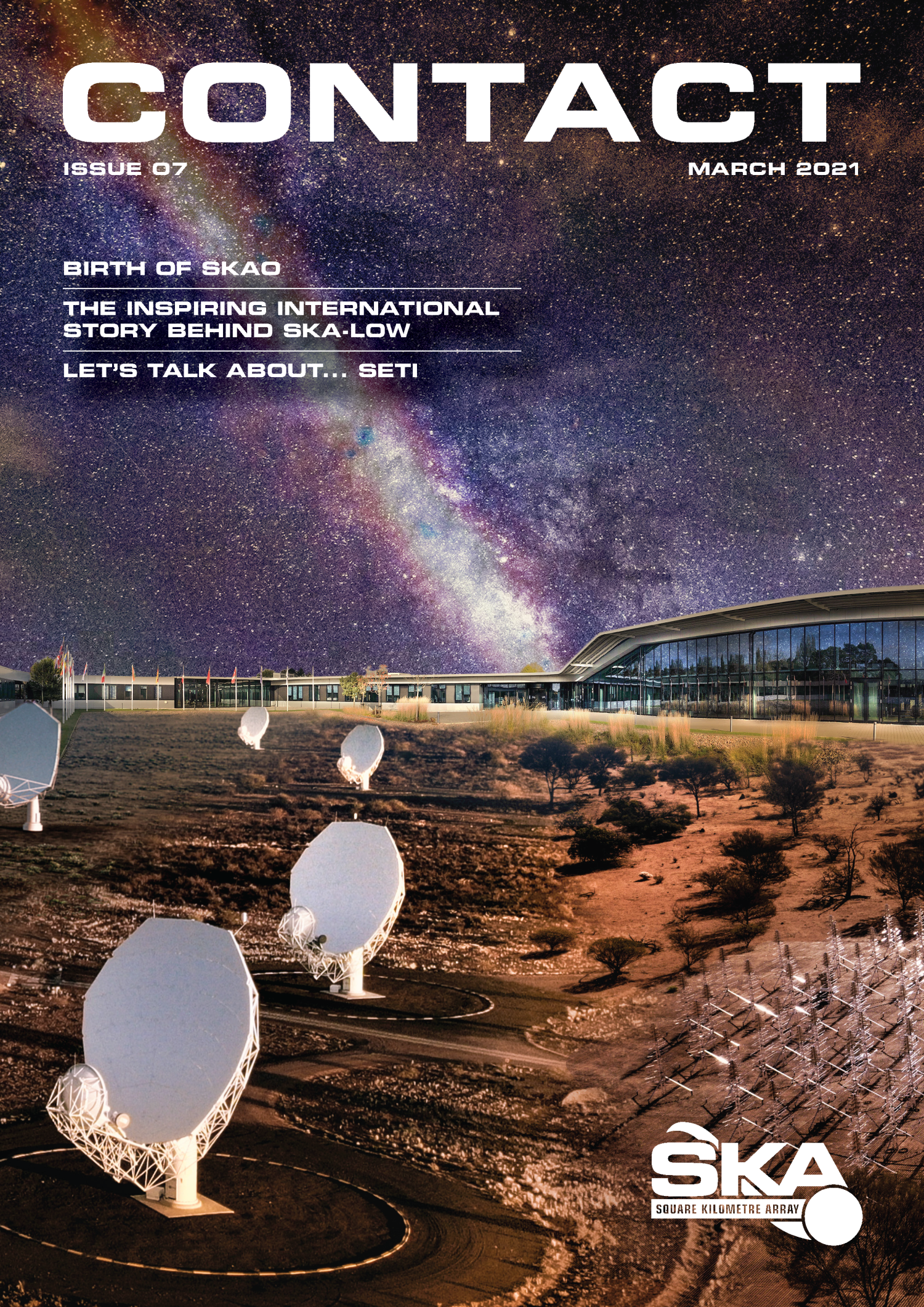 Cover for Contact issue 7 with a composite image of the three SKAO sites, and the galactic centre in the background