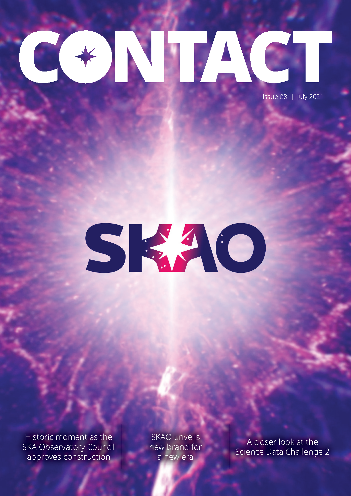 Cover for Contact issue 8 showing the new SKAO logo, with a spacey graphic in the background