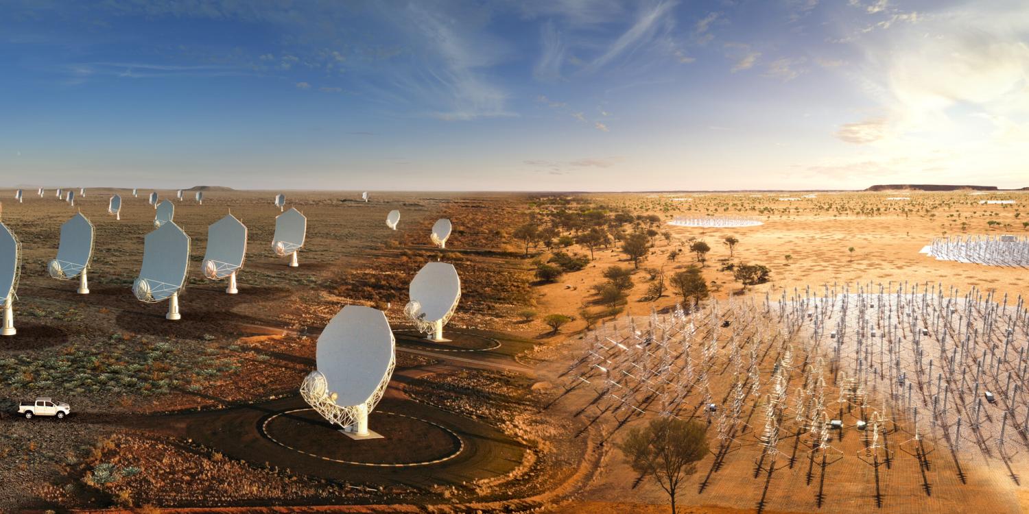 SKA-Mid (right) and SKA-Low shown in a composite image. Data harvested by the telescopes will alter humanity's understanding of the Universe