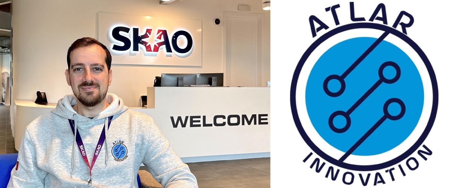 ATLAR CEO Hélder Ribeiro during a visit to the SKAO Global Headquarters and, right, ATLAR's logo