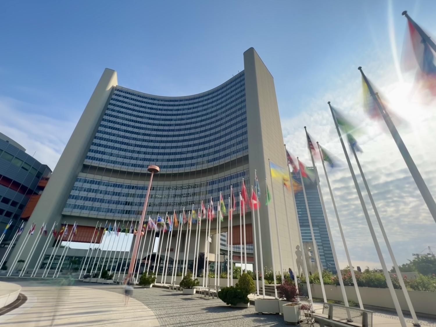The United Nations building in Vienna, with flags flying outside