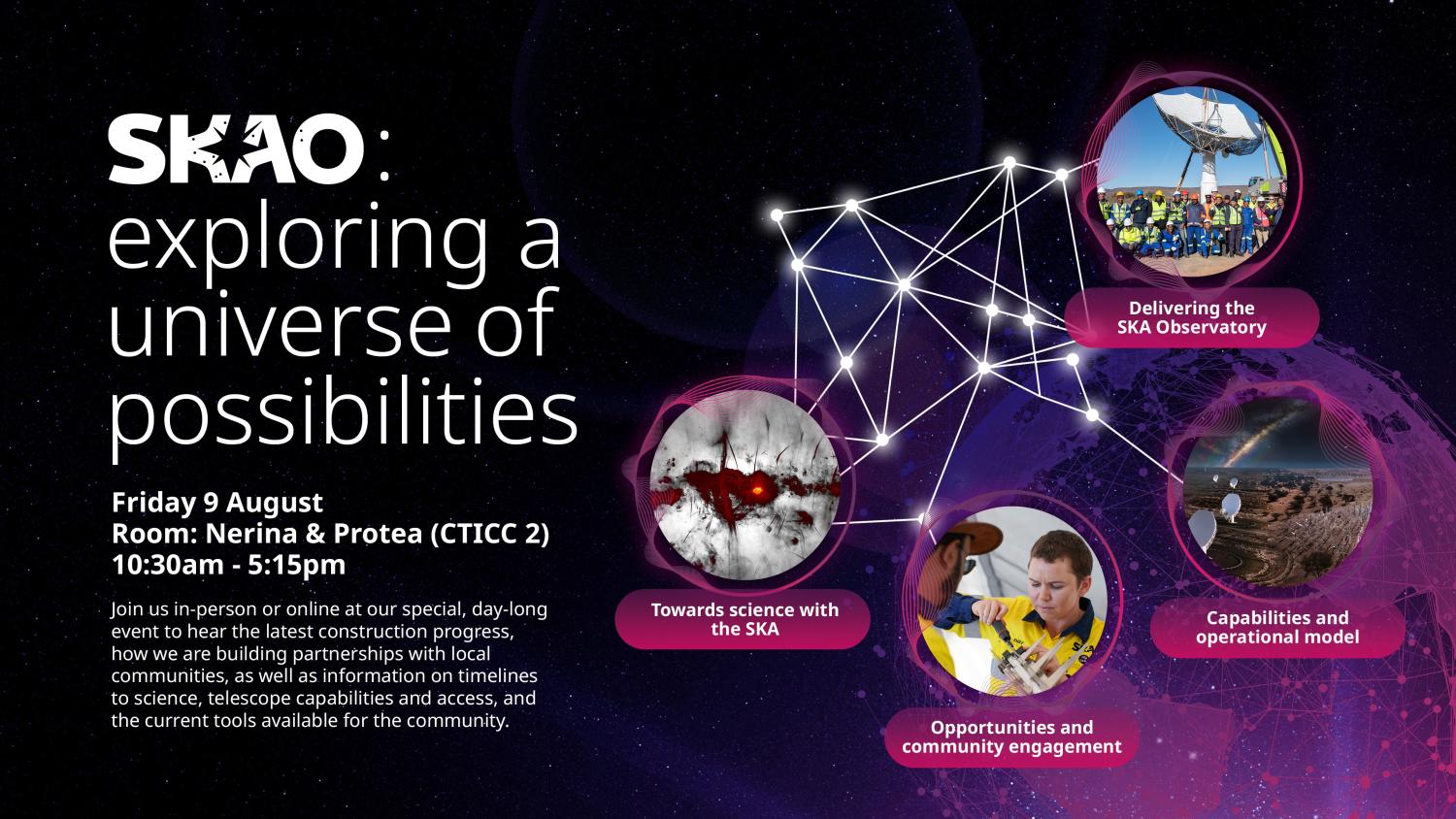 The image describes the session, date and time, and includes 4 images representing the themes that will be discussed: science with the SKA, delivering the SKA Observatory, capabilities and operational model, and opportunities and community engagement.