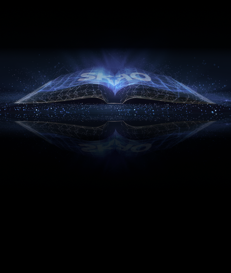 Open book glowing blue with SKAO written across the two pages