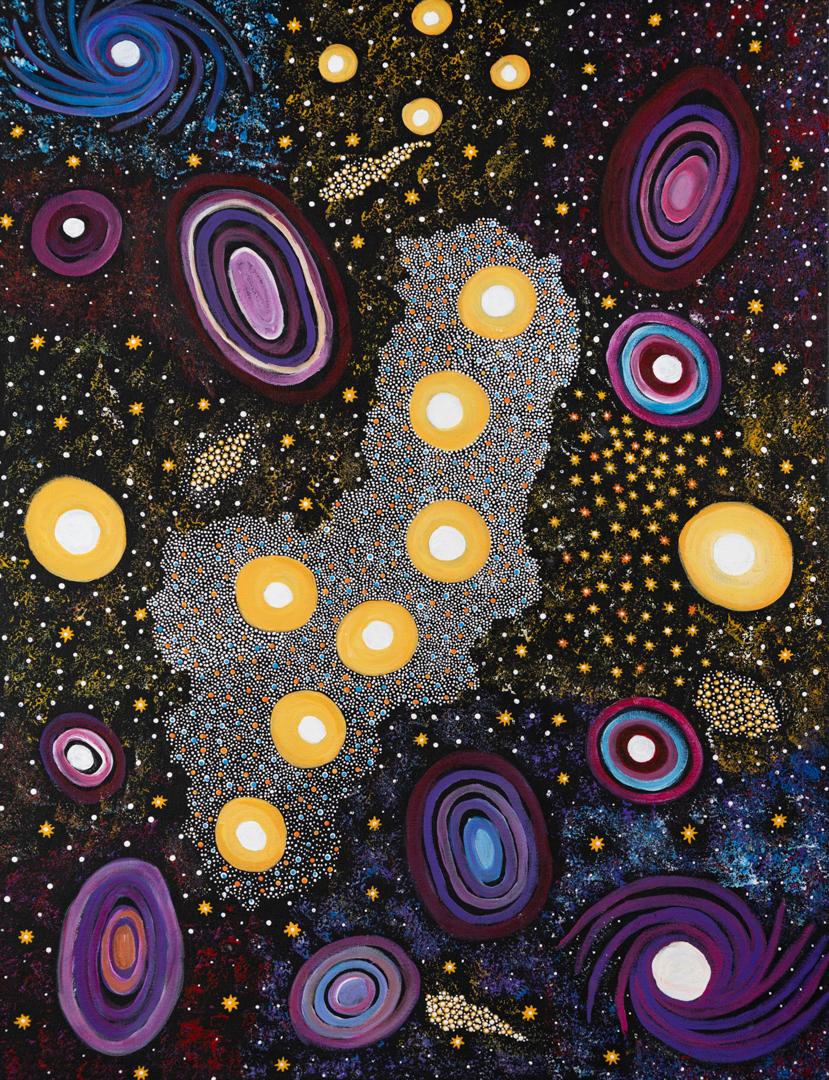 Painting of the seven sisters represented by yellow concentric circles. 
