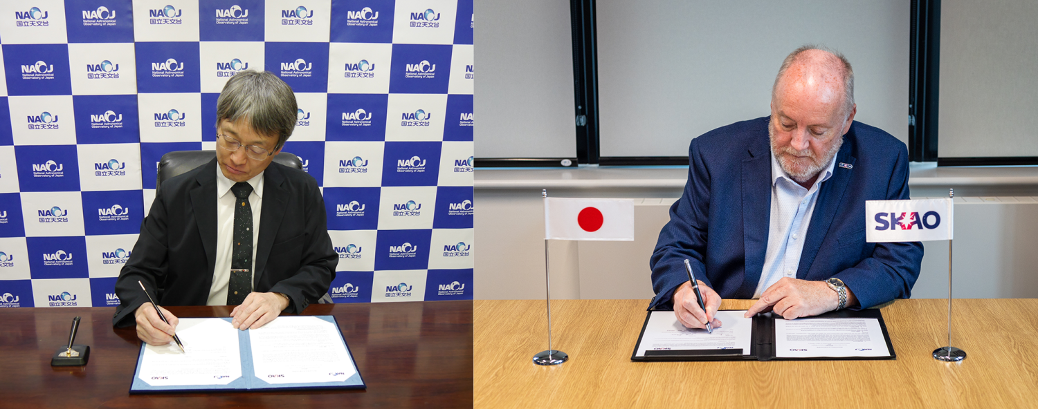 Two pictures side by side. The left one shows NAOJ Director-General Prof. Mamoru Doi signing a document. The right one shows SKAO Director-General Prof. Philip Diamond signing the document with a small Japanese and SKAO flag on the table.