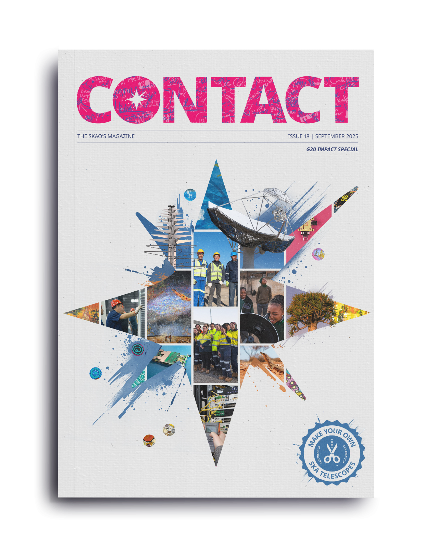 Cover of contact magazine featuring a mosaic of pictures of telescopes and people in the shape of a star.