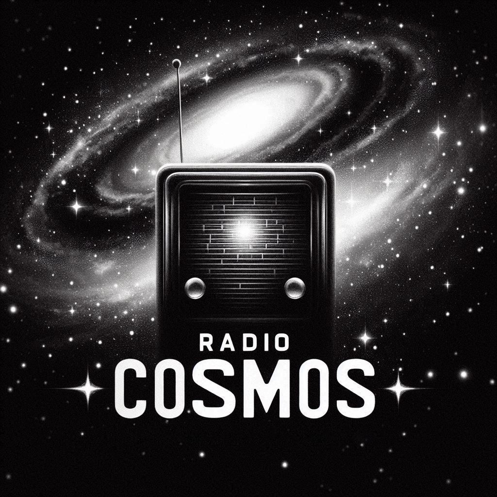 Image of a radio in front of a spiral galaxy titled "radio cosmos".