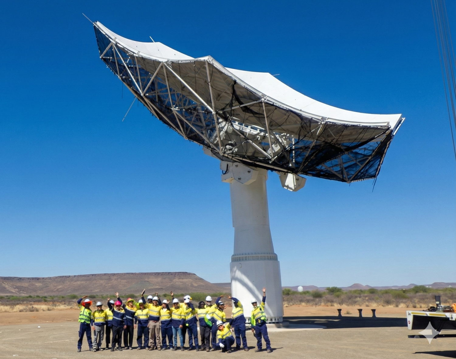 Team in high vis clothing in front of a recently assembled telescope dish. 