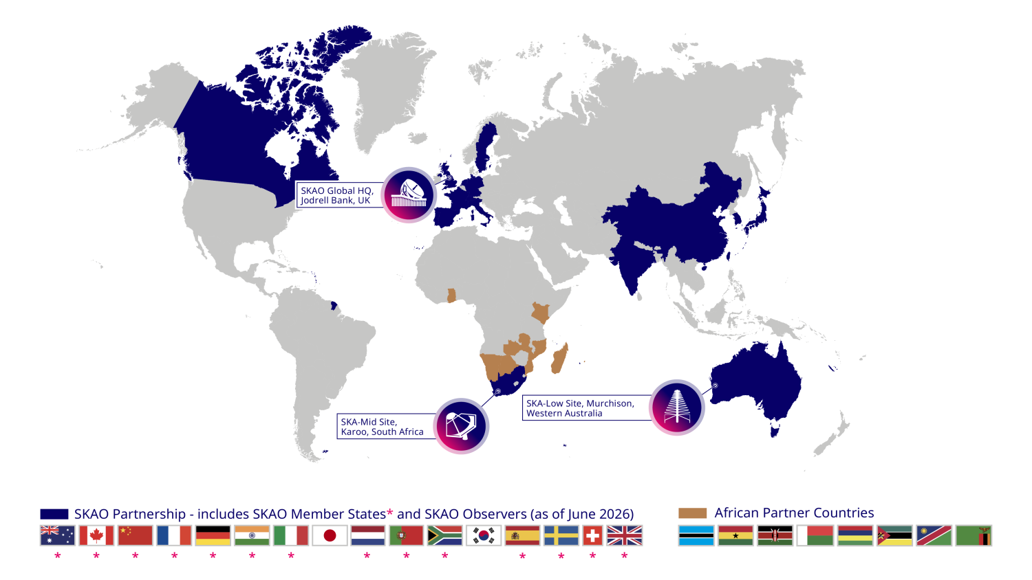 Map of SKAO member countries, partner countries and African partner states